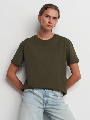 30312 Dekoratif Dikişli Bisiklet Yaka Tshirt-Koyu Haki