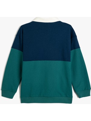 Oversize Sweatshirt Polo Yaka Baskı Detaylı Düğmeli Uzun Kollu