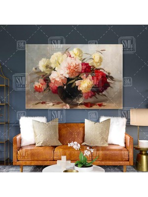 SML Tablo Vazodaki Şakayıklar Şakayık Çiçeği ve Kırmızı Pembe Gül Çiçekleri Yatay Kanvas Tablo