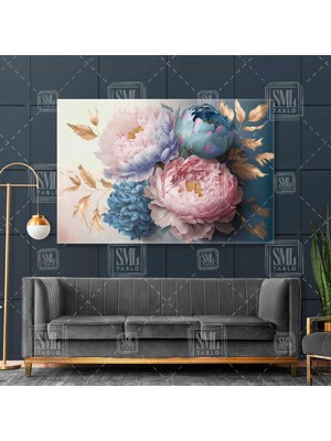 SML Tablo Pembe ve Mavi Şakayık Çiçekleri, Soyut Çiçek Çiçekler Yatay Kanvas Tablo