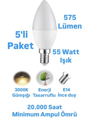 7W Buji LED Ampul Günışığı 575 Lümen Avize Ampulü Mum Ampul E14 Ince Duylu Ampul