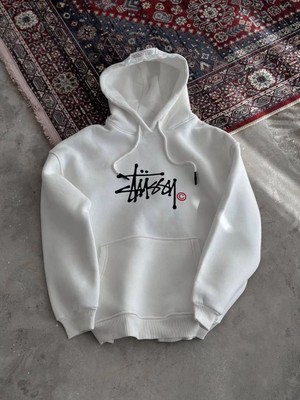 Tarz Yeri Üç Iplik Kapşonlu Baskılı Sweatshirt - Beyaz