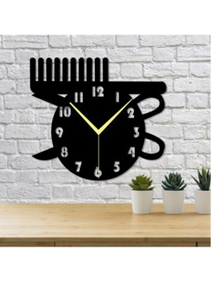 Mediterian Kuaför Tarak Temalı Dekoratif 47 x 42 cm  Duvar Saati Beyaz Üzerine Siyah