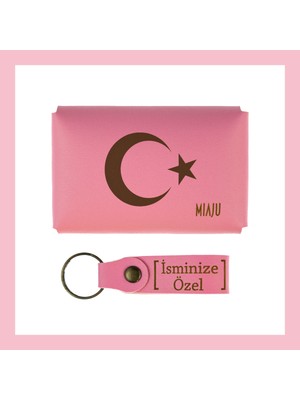 Miaju Pembe Renk, Ayyıldız Yazılı, Adına Özel Kişisel Cüzdan ve Anahtarlık Set, Arkadaşa, Kankiye Hediye