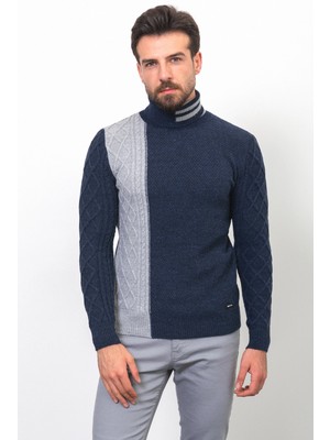 Parçalı Lacivert Renk Slim Fit Tam Balıkçı Yaka Yün Erkek Kazak