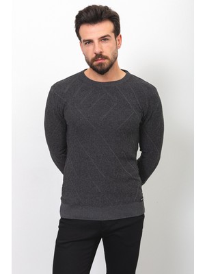 Desenli Antrasit Rengi Slim Fit Bisiklet Yaka Yün Erkek Kazak