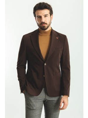 Düz Kahverengi Torba Cep Slim Fit Mono Yaka Klasik Erkek Ceket