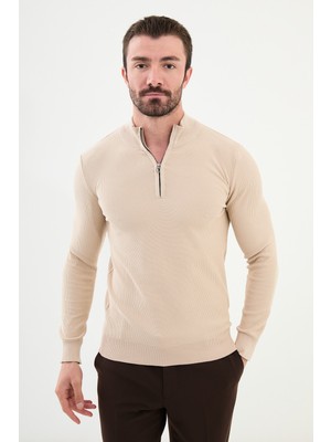 Dokulu Bej Slim Fit Fermuarlı Yarım Balıkçı Yaka Erkek Triko Kazak