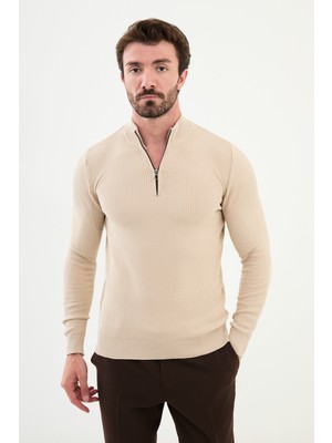 Dokulu Bej Slim Fit Fermuarlı Yarım Balıkçı Yaka Erkek Triko Kazak