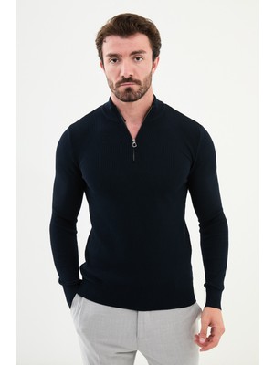 Dokulu Lacivert Slim Fit Fermuarlı Yarım Balıkçı Yaka Erkek Triko Kazak