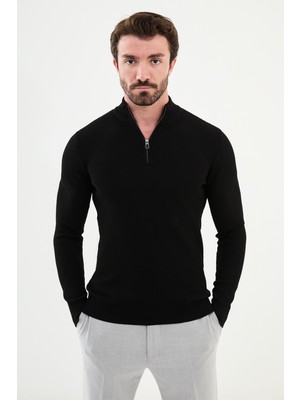 Dokulu Siyah Slim Fit Fermuarlı Yarım Balıkçı Yaka Erkek Triko Kazak