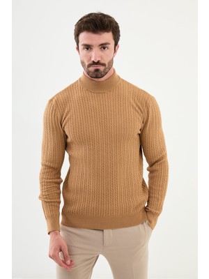 Desenli Kamel Rengi Slim Fit Yarım Balıkçı Yaka Erkek Triko Kazak