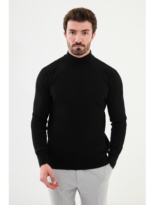 Desenli Siyah Slim Fit Yarım Balıkçı Yaka Erkek Triko Kazak