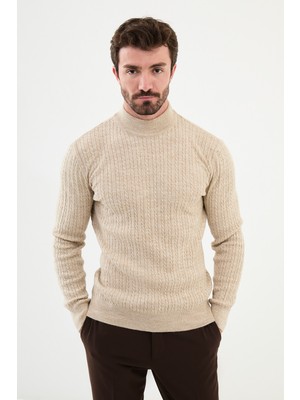 Desenli Bej Slim Fit Yarım Balıkçı Yaka Erkek Triko Kazak