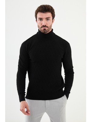 Desenli Siyah Slim Fit Tam Balıkçı Yaka Erkek Triko Kazak
