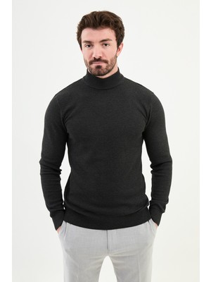 Dokulu Antrasit Slim Fit Yarım Balıkçı Yaka Erkek Triko Kazak