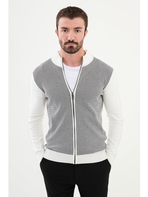 Desenli Ekru Slim Fit Hakim Yaka Yün Erkek Hırka