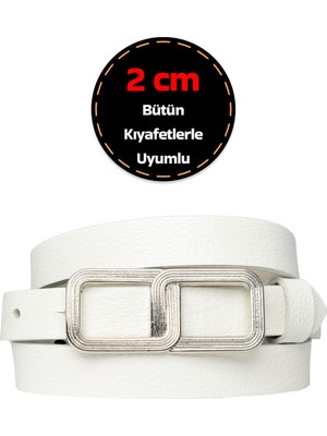 GoDeri Deri, Gümüş Tokalı Ince 2 cm Süt Beyaz Kadın Kemeri; Elbise Kemeri, Pantolon Kemeri_gözl
