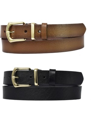 Goderi %100 Hakiki Deri Gold Tokalı, Metal Köprülü 2'li Set Siyah, Kahverengi Kadın Kemeri, 3 Cm=2li-Kd-42