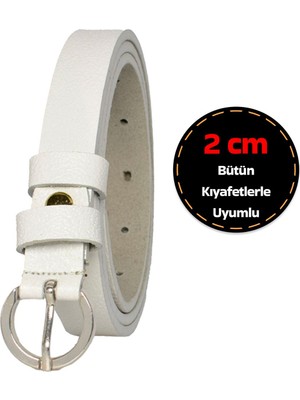 GoDeri Deri, Gümüş Tokalı Ince 2 cm Süt Beyaz Kadın Kemeri; Elbise Kemeri, Pantolon Kemeri_klt