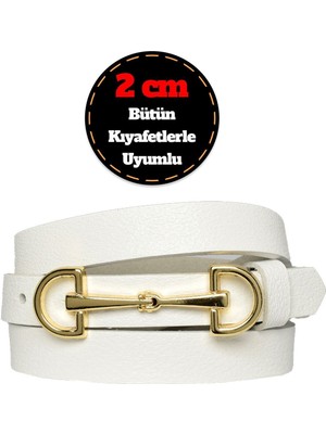 GoDeri Deri, Gold Renk Tokalı Ince 2 cm Süt Beyaz Kadın Kemeri; Elbise, Pantolon Kemerid&d
