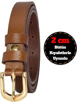 GoDeri Deri, Renk Tokalı Ince 2 cm Açık Kahverengi Kadın Kemeri; Elbise, Pantolon Kemeri_düz