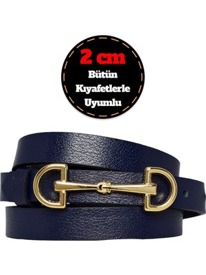 GoDeri Deri, Gold Renk Tokalı Ince 2 cm Lacivert Kadın Kemeri; Elbise, Pantolon Kemerid&d
