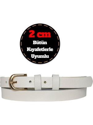 GoDeri Deri, Gold Renk Tokalı Ince 2 cm Süt Beyaz Kadın Kemeri; Elbise, Pantolon Kemeri_düz