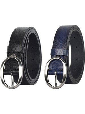 Goderi %100 Hakiki Deri Mat Gümüş Oval Tokalı 2'li Set Siyah, Lacivert Ince Kadın Kemeri, 3 Cm=kd-39-Nik.ov