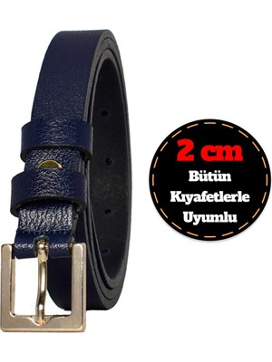 GoDeri Deri, Gold Renk Tokalı Ince 2 cm Lacivert Kadın Kemeri; Elbise, Pantolon Kemeri_kare