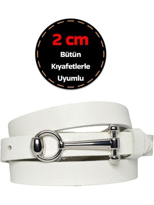 GoDeri Deri, Gümüş Tokalı Ince 2 cm Süt Beyaz Kadın Kemeri; Elbise Kemeri, Pantolon Kemeri_anh