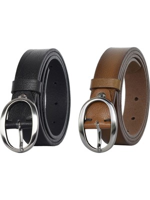 Goderi %100 Hakiki Deri Mat Oval Tokalı 2'li Set Siyah, Açık Kahverengi Ince Kadın Kemeri, 3 CM=KDN39NIK.OV