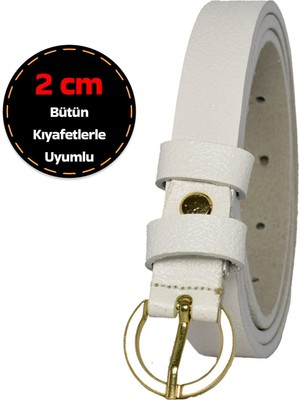 GoDeri Deri, Gold Renk Tokalı Ince 2 cm Süt Beyaz Kadın Kemeri; Elbise, Pantolon Kemeri_kilit