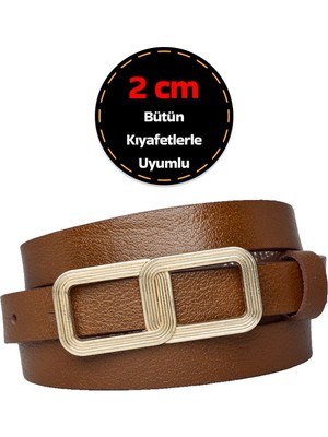 GoDeri Deri, Gold Renk Tokalı 2 cm Açık Kahverengi Kadın Kemeri; Elbise, Pantolon Kemeri_gözlük