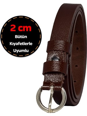 GoDeri Deri, Gümüş Tokalı Ince 2 cm Koyu Kahverengi Kadın Kemeri; Elbise, Pantolon Kemeri_kilt