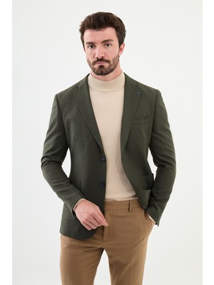 MCR Düz Haki Slim Fit Torba Cep Mono Yaka Punto Dikiş Erkek Ceket