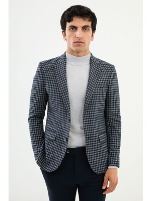 Desenli Lacivert Slim Fit Mono Yaka Yün Erkek Ceket