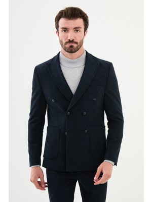 MCR Çizgili Lacivert Slim Fit Geniş Yaka Kruvaze Kadife Erkek Ceket