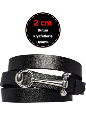 GoDeri Deri, Gümüş Tokalı Ince 2 cm Siyah Kadın Kemeri; Elbise Kemeri, Pantolon Kemeri_anhtr