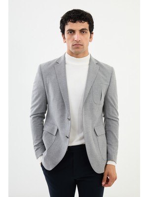 Düz Açık Gri Slim Fit Torba Cep Mono Yaka Punto Dikiş Erkek Ceket