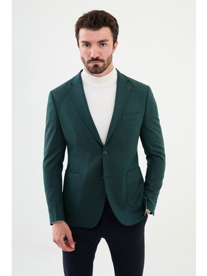 Düz Zümrüt Rengi Slim Fit Torba Cep Mono Yaka Punto Dikiş Erkek Ceket