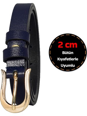 GoDeri Deri, Gold Renk Tokalı Ince 2 cm Lacivert Kadın Kemeri; Elbise, Pantolon Kemeri_atnlı