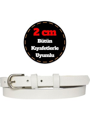 GoDeri Deri, Gümüş Tokalı Ince 2 cm Süt Beyaz Kadın Kemeri; Elbise Kemeri, Pantolon Kemeri_düz