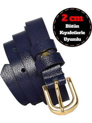 GoDeri Deri, Gold Renk Tokalı Ince 2 cm Lacivert Kadın Kemeri; Elbise, Pantolon Kemeri_düz