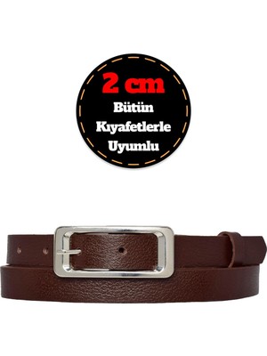 GoDeri Deri, Gümüş Tokalı Ince 2 cm Koyu Kahverengi Kadın Kemeri; Elbise, Pantolon Kemeri_dikd