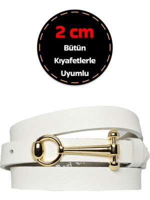 GoDeri Deri, Gold Renk Tokalı Ince 2 cm Süt Beyaz Kadın Kemeri; Elbise, Pantolon Kemeri_anht