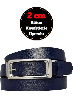 GoDeri Deri, Gümüş Tokalı Ince 2 cm Lacivert Kadın Kemeri; Elbise Kemeri, Pantolon Kemeri_dikd