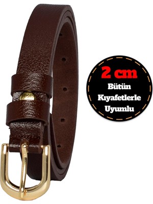 GoDeri Deri, Renk Tokalı Ince 2 cm Koyu Kahverengi Kadın Kemeri; Elbise, Pantolon Kemeri_düz