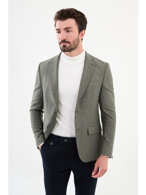MCR Desenli Haki Slim Fit Mono Yaka Klasik Yün Erkek Ceket