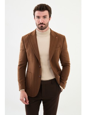 MCR Çizgili Kamel Rengi Slim Fit Torba Cep Geniş Yaka Yün Erkek Ceket